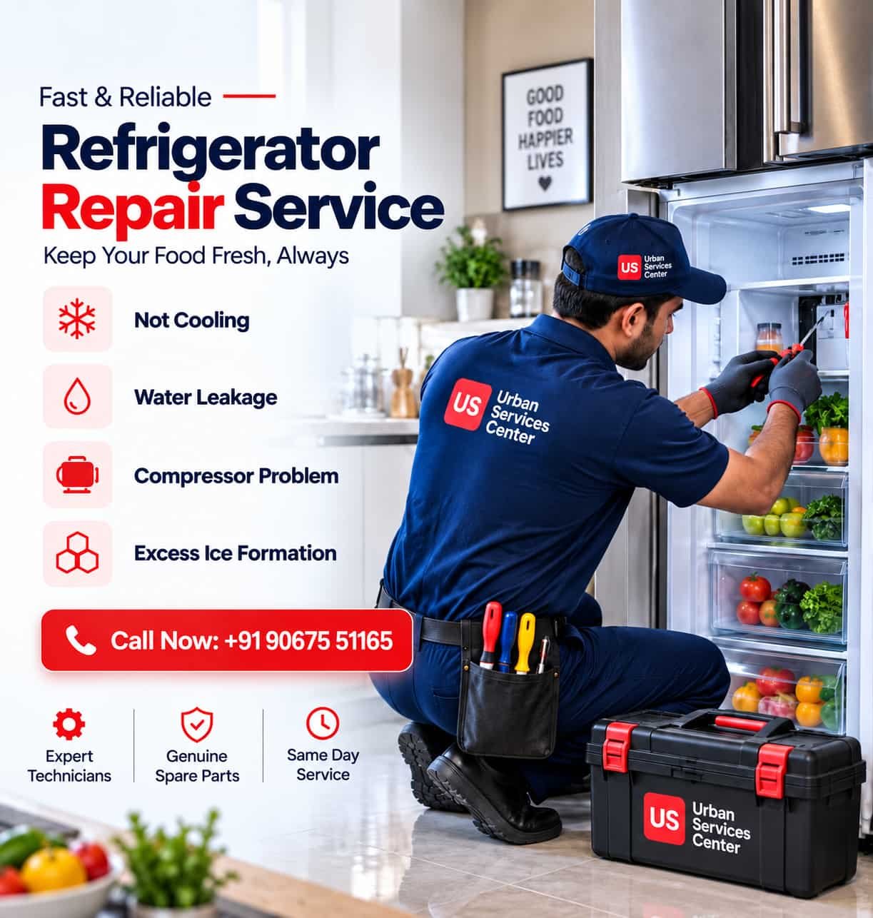 Professional appliance repair technician repairing a Refrigerator at a customer's home