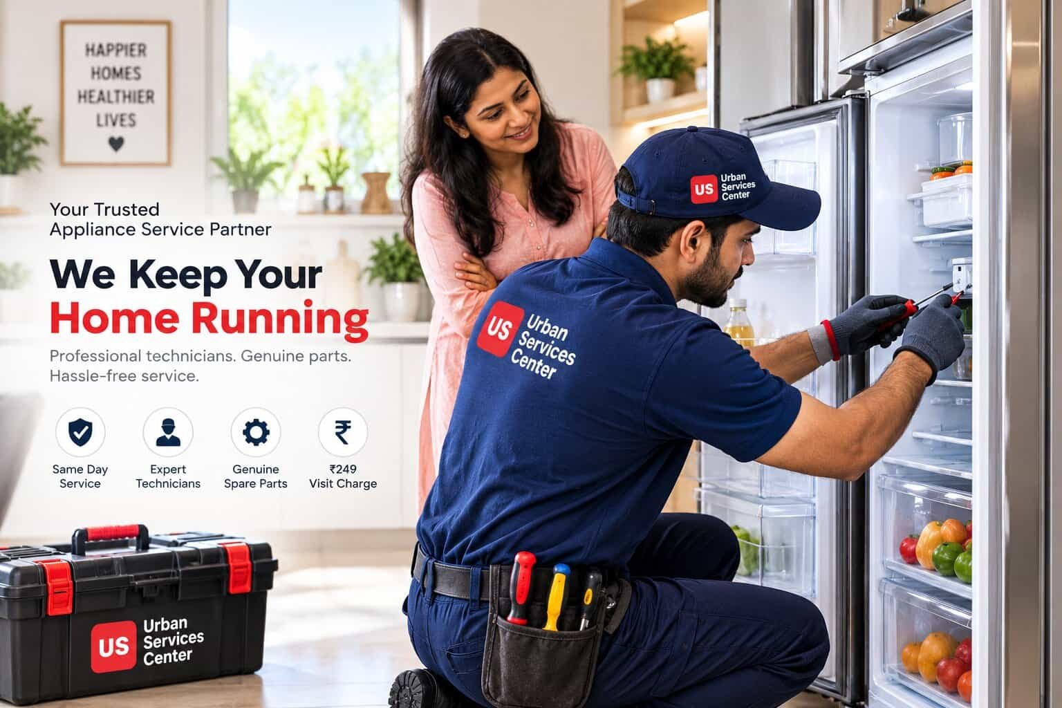 Professional appliance repair technician repairing a home appliance at a customer's home