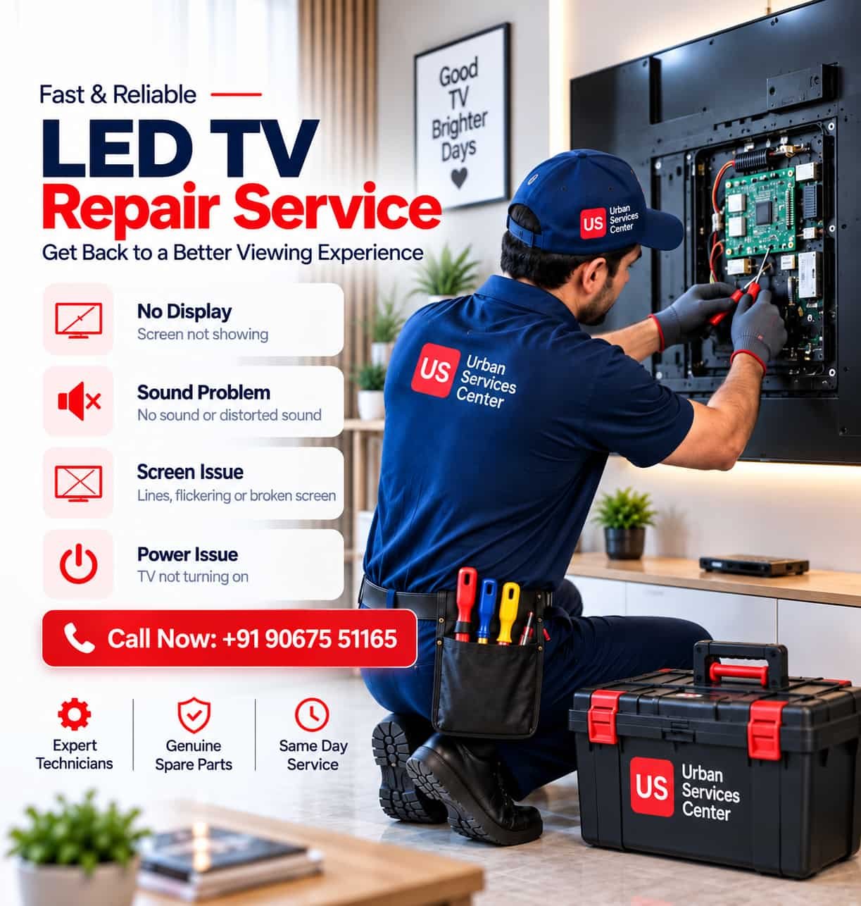 Professional appliance repair technician repairing a led tv at a customer's home