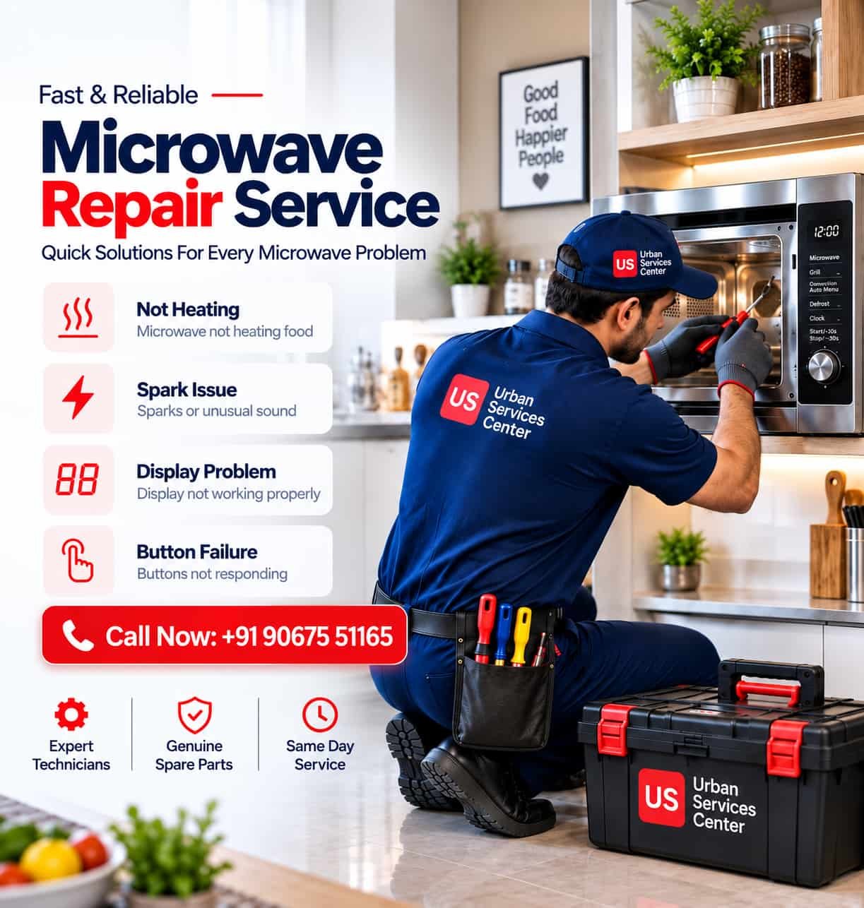 Professional appliance repair technician repairing a microwave at a customer's home