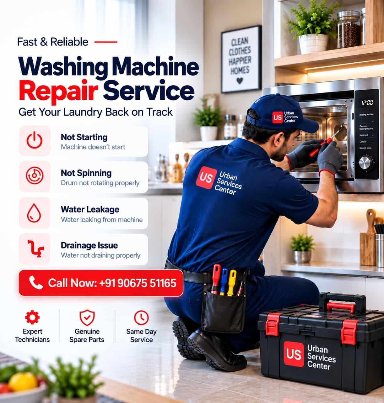 Professional appliance repair technician repairing a washing machine at a customer's home